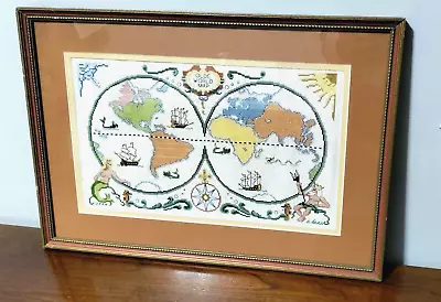 Completed Needlepoint OLD WORLD MAP Cross Stitch Mermaid Poseidon Signed Framed • $74.99