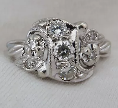 Art Deco 14kt DIAMOND White Gold Antique Wedding Ring Litwins Cinn OH Size 5.75 • $625