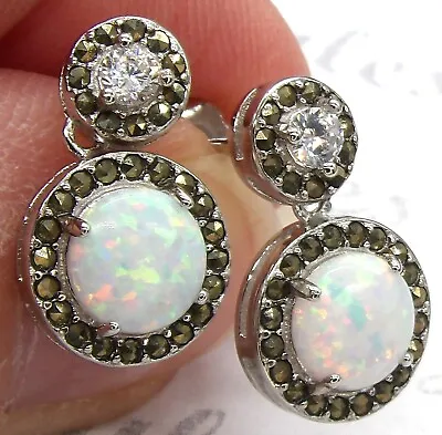 Silver Opal Marcasite Drop Stud Earrings Cluster 925 Sterling New Boxed • £20.55