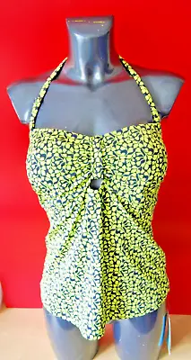 £10 • Buy M & S Non Wired Halter Neck Bandeau Tankini Top Dark Navy / Lime Green Size 14