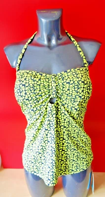 £10 • Buy M & S Non Wired Halter Neck Bandeau Tankini Top Dark Navy / Lime Green Size 14