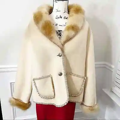 Vintage Faux Fur Faux Suede Vegan Cream Winter Coat Size XL • $75