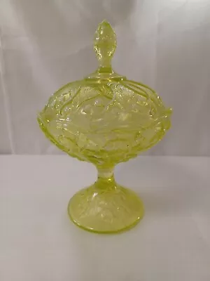 Fenton Glass Lily Of The Valley Yellow  Opalescent Vaseline Glow Compote • $91