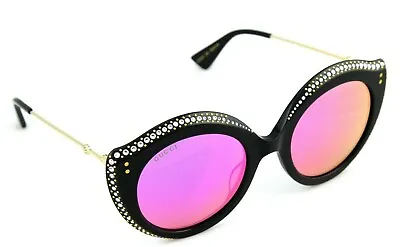 $499.95 • Buy NEW Genuine GUCCI Crystal Black Gold Pink Cat Eye Mirror Sunglasses GG 0214S 002