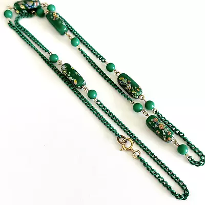 Vintage Green Glass Floral Painted Beaded Ladies Chain Necklace 26  • $29.99