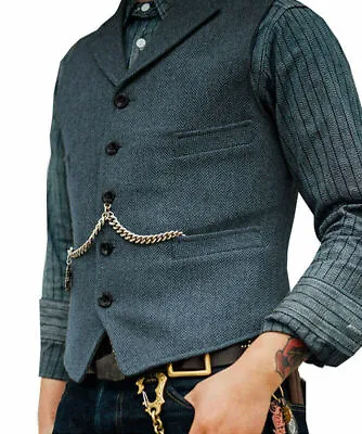 Mens Tweed Lapel Vest Jacket Herringbone Waistcoat Casual Formal Sleeveless Tops • $29.99