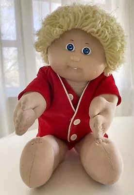 Cabbage Patch Kids Doll Yellow Hair Blue Eyes 1 Tooth Dimples Red Velvety Outfit • $30