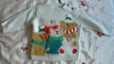 M&S Baby Christmas Jumper Age 6-9 Months Cream Sparkle With Fluffy Teddies NEW • £6.99