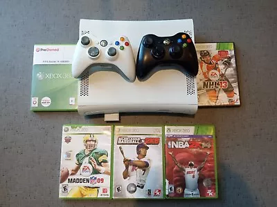 XBox 360 White With 2 Cordless Controllers Cables 5 Games And Memory Card • $9.15