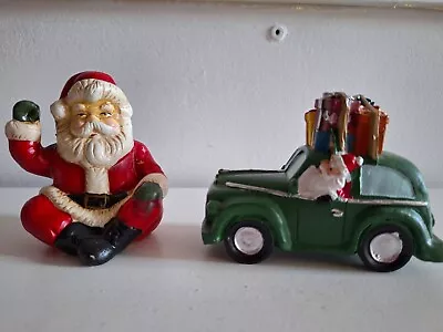 2 Christmas Ornaments Santa In Green Car And Sitting Santa Father Christmas  • £2.49