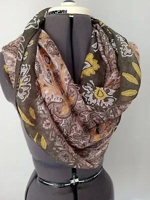 Vintage Signed Libby Edelman Infinity Scarf Olive Pink Paisley Leaf Fall 74  • $21