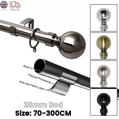 Extendable Eyelet Metal Curtain Pole 28mm Rail With Finials Rings Rod Fittings • £9.99