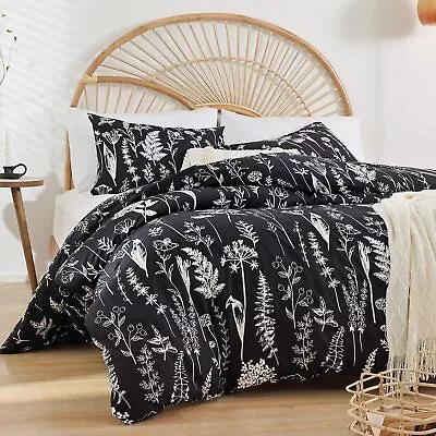 3 Pieces Queen Duvet Cover Black Duvet Cover With White Plant Floral Duvet Cover • $36.06