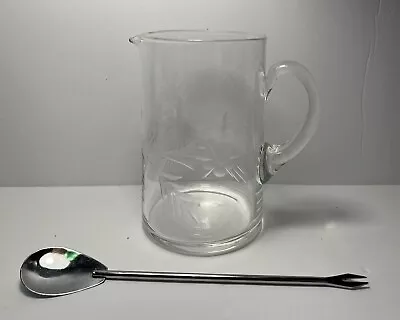 MCM Martini FOR ONE Cocktail Sangria Etched Glass Pitcher & Spoon W/ Olive Fork • $19.99