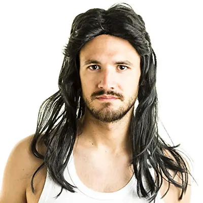 AWS Mullet Wig - Black Fancy Dress Long Wig For Men And Women Waynes World Or • £12.38