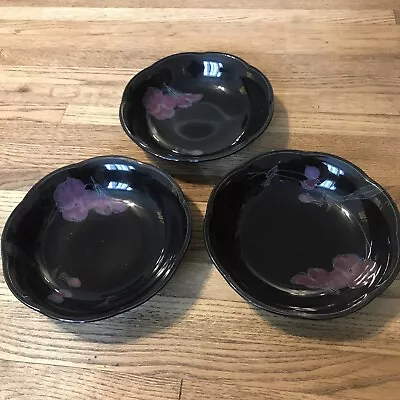 SET OF 3 Vtg MIKASA RONDO TANGO 7 5/8  Coupe Soup Bowls Black Lavender Floral • $15.60