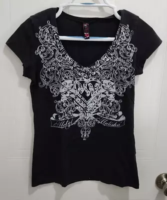 Metal Mulisha Womens Short Sleeve V Neck Lightweight Graphic T Shirt Black Sz XS • $22.49