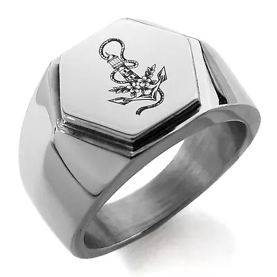 Stainless Steel Nautical Anchor Lighthouse Symbol Mens Hexagon Crest Signet Ring • $15