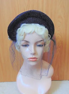 VTG 40s Navy Blue Metallic Halo Hat With Face Veil & Flowers • $64.99