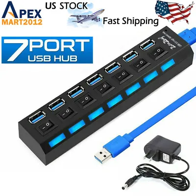 7 Port USB 3.0 Hub On/Off Switch High Speed Splitter AC Adapter Cable PC Laptop • $10.99