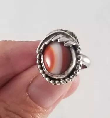 Vintage Sterling Silver Orange & White Glass Marble Ring Size 3.75 Nice Pinky Rg • $17