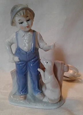 Vintage I.W. Rice & Co. NIght Light Porcelain Boy And Dog Statue - Works • $19.99