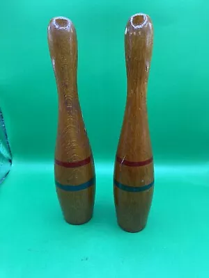 2) Vintage Antique Red/Green Painted Stripes Wooden Bowling Pins Small 6 Inches • $8.99