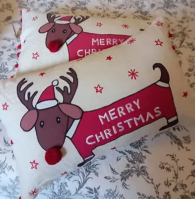 Sass & Belle - Merry Christmas Linen Cushion Dachshund Raindeer 20  X 12  • £10
