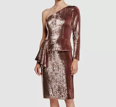 $245 Aidan Mattox Women Gold Sequin One-Shoulder Peplum Waist Shift Dress Size 0 • $78.78