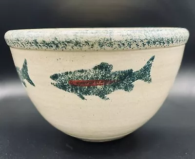 MPC Studio Art Pottery Bowl SIGNED Fish Stoneware Green Speckled Rim; 8” Across • $32.99