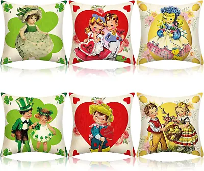 6 Pcs Vintage Valentine'S Day St. Patrick'S Day Easter Pillow Covers 18 X 18 Inc • $10.99