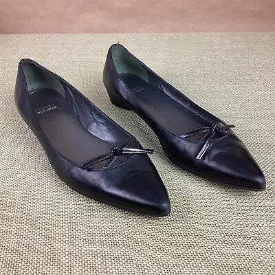 Stuart Weitzman Black Leather Ballet Flats Pointed Toe Bow Women’s Shoes Size 9M • $45