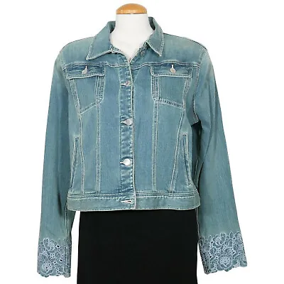 RALPH LAUREN Blue Stretch Denim Embroidered Sleeve Crop Jacket 16 • $153.85