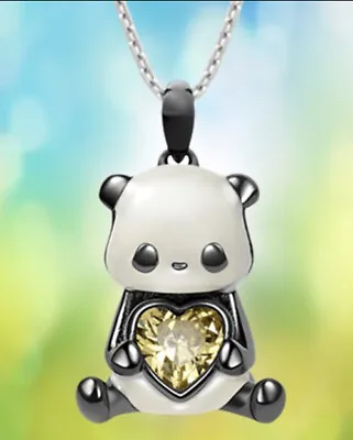 Panda Holding A Love Heart Hanging Pendant Necklace With Gift Bag Silver  Tone • £4.95