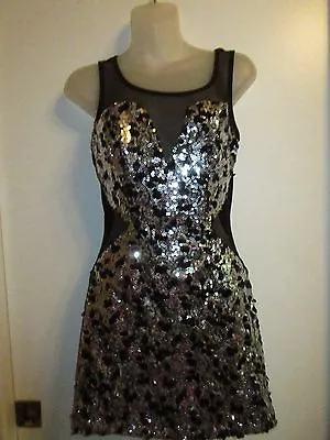 Windsor 3 Dress Shiny Metallic Black Silver Sequin Lace Mesh Cut Outs Party Sexy • $6.95