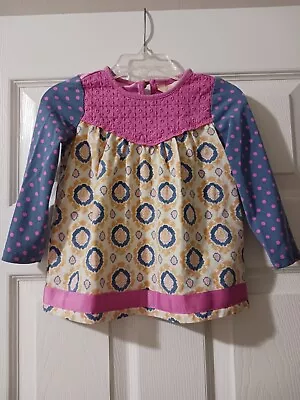 Matilda Jane Girls 12-18 Months Pink Blue Mixed Print Long Sleeve Dress EUC • $14