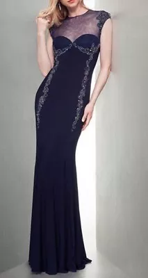 Mignon Womens Navy Illusion Embellished Jersey Gown Sz 6 $498 • $45