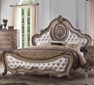 Formal Traditional Design Queen Size Bed Button-Tufted Headboard Floral Curved • $1875