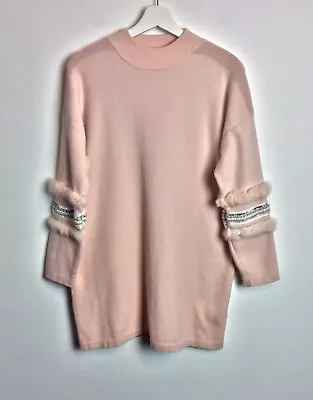 Wool Blend Jumper Dress Womens Size M L Pale Pink Feather Sequin Sweater Tunic • £6.99