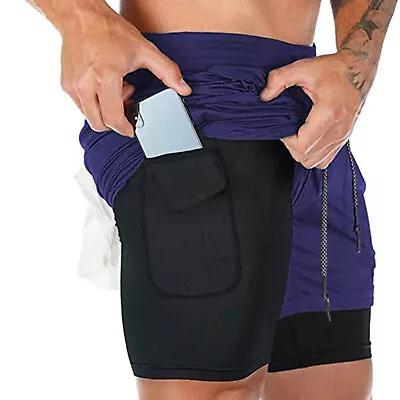 2 In 1 Mens Running Compression Shorts Gym Sports Training Workout Fitness Pants • $13.99