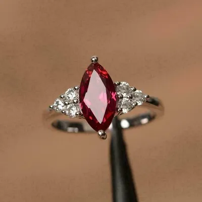 3Ct Marquise Cut Red Ruby Solitaire Engagement Womens Ring 14k White Gold Plated • $135.99