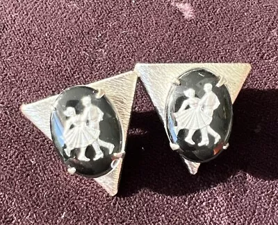 Vtg. Decorative Collar Tips Square Dance Couple Silver &Black  Screw Back • £23.62