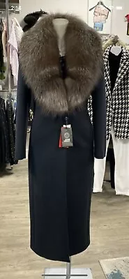 NWT $7000 Gianni Versace Navy Wool Coat Fox Fur Collar Size S • $2200