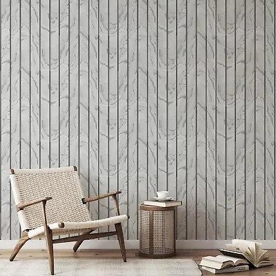 Muriva Woodgrain Panel Marble Wood Slats Effect Metallic Silver Grey Wallpaper • £11.69