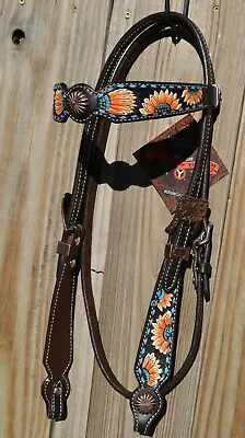 Circle Y Hand Painted Sunflower Buckstitch Browband Headstall - Concho Ends • $121.99