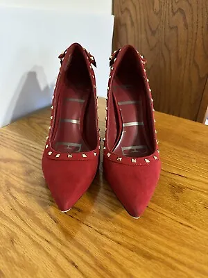 Elle Elkairired Women's  High Heel Red Suede Shoes  With Goldtone Studs  Sz 8.5 • $14.99