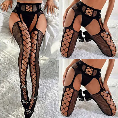 $9.87 • Buy Sexy Fishnet Open Crotch Suspender Tights Net Lace Up Look Crotchless Stockings
