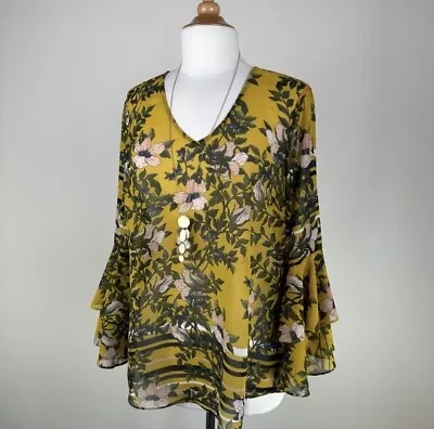 Cabi Spring Scene Bell Sleeve Sheer Blouse Yellow Floral Size Small Style # 5518 • $18