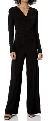 $175 Norma Kamali Black Shirred Waist V Neck Classic Jumpsuit Catsuit M • £47.58