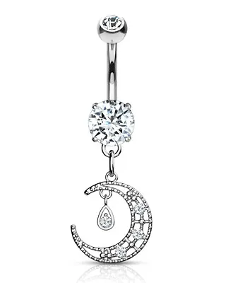 £3.99 • Buy TITANIUM Moon Dangle Belly Bar - Clear Crystals - 6mm 8mm 10mm 12mm 14mm 16mm